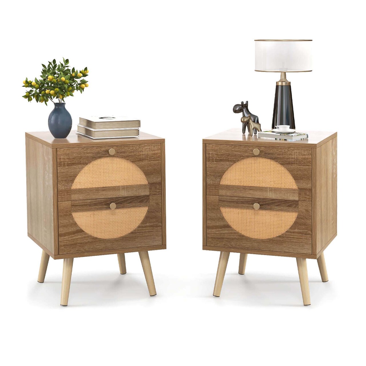 Costway 2Pcs Rattan Nightstand with 2 Drawers Solid Wood Legs Compact Wood Coffee Table